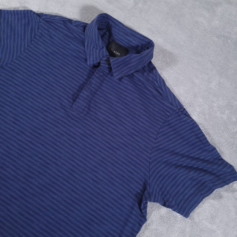 01.Algo Polo Shirt Mens Large Blue Black Striped Cotton Rayon Blend Soft Knit
